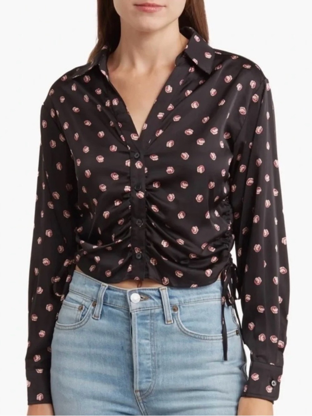 Satin Like Floral Rose Ruched Button-Up Crop Top Whimsigoth Date Night Romantic